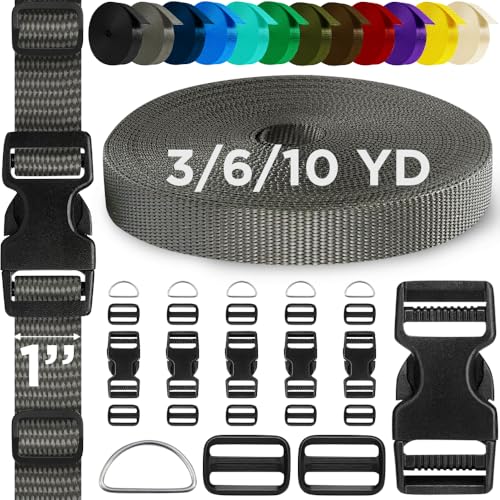 TECEUM Buckles & Strap Kit – 1" Charcoal Nylon Webbing 6 (yd) – 6 Heavy Duty Adjustable Plastic Buckles – 12 Tri-Glide Slide Clips – 6 Metal D-Ring – Ideal Straps for Arts Crafts Outdoors Indoors DIY - color: Charcoal, size: 1" - 6 yards, style: 6 Buckle