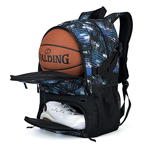 GRANDUP Basketball backpack with ball and shoes compartment Fit Volleyball, soccer, Swim, Gym, Travel, and School, large capacity sports training equipment bags - color: blue art