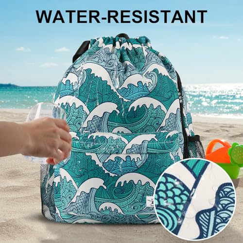 Drawstring Backpack with Mesh Pockets String Gym Bag Sackpack Sandproof Water Resistant Beach Backpack for Men Women - color: Blue Waves