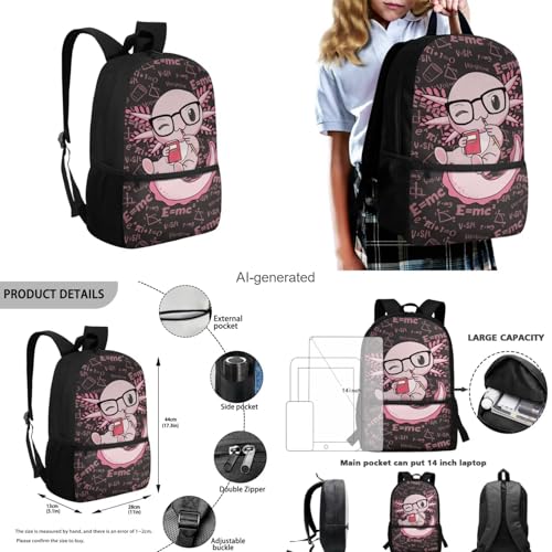 Cute Axolotl Backpack for Girls Kids Backpack with Lunch Box Water Bottle Carrier with Strap and Big Pencil Case 4 PCS Set Bookbag with Front Pocket for School 17" Sturdy Elementary School Bag - color: Axolotl-4