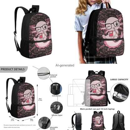 Cute Axolotl Backpack for Girls Kids Backpack with Lunch Box Water Bottle Carrier with Strap and Big Pencil Case 4 PCS Set Bookbag with Front Pocket for School 17" Sturdy Elementary School Bag - color: Axolotl-4