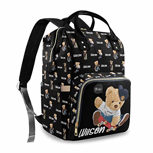 Custom Bear Diaper Bag Backpack for Baby Boy, Personalized Name Cute Cartoon Large Nappy Nursing Orangizer Mommy Bags, Waterproof Travel Daypack for Dad Mom Gifts - color: Bear-black-02