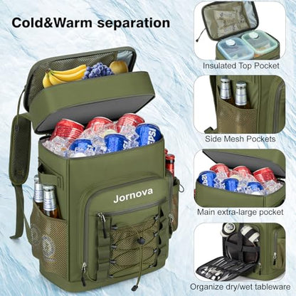 Insulated Cooler Backpack, 35L Leakproof Backpack with Double Compartments for Men & Women, Large Lunch Cooler for Camping, Beach, Travel, Picnic, Up to 48 Cans - color: Army Green