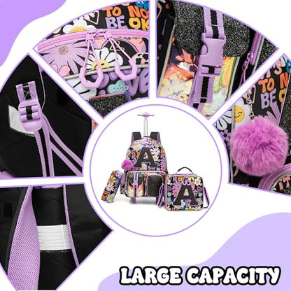 Meetbelify 3 in 1 Backpack with Wheels for Girls Rolling Letter Backpack Cute Carry on Backpack Kids Luggage with Lunch Box Pencil Case for Elementary Student - color: Flower