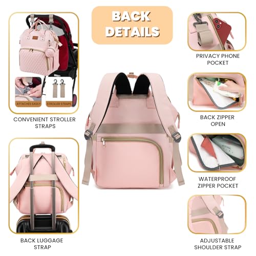 ROSEGIN Pink Diaper Bag Backpack for Baby Girls - Baby Shower Gifts for Mom, Quilted Diaper Bag with Changing Pad, Pacifier Case, Insulated Pockets, Stroller Straps, 35L Large Capacity - Cute - color: Pink