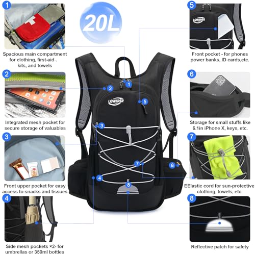 20L Hydration Backpack Pack with 2L Water Bladder Lightweight Hiking Backpack for Women Men, Adjustable Chest Straps Running Hydration Vest for Hiking, Cycling, Climbing - color: Black