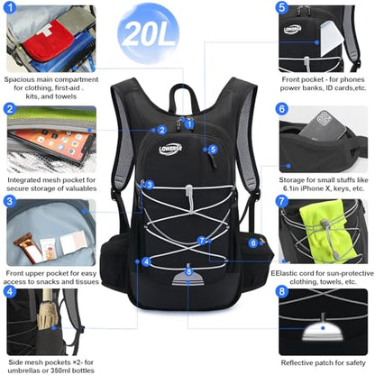 20L Hydration Backpack Pack with 2L Water Bladder Lightweight Hiking Backpack for Women Men, Adjustable Chest Straps Running Hydration Vest for Hiking, Cycling, Climbing - color: Black