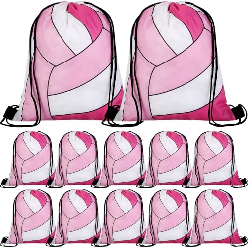 Dansydaisy 12 Pcs 12 In Volleyball Drawstring Backpack Bag Goodie Snack Gift Bags Sports Party Favors String Backpack Bulk(Pink, Light Pink, White) - color: Pink, Light Pink, White