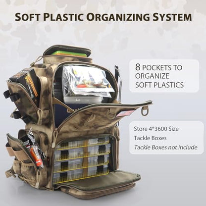 Fishing Backpack, Fishing Tackle Backpack with Rod Holders for 4 Boxes (Box Not Included) 45L Waterproof Fishing Gear, Ideal for Men and Women Large Tackle Box Bag (Sahara Khaki Camo) - color: Sahara Khaki Camo