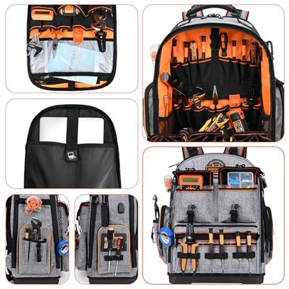 Tool Bag Backpack - Heavy Duty Tool Backpack, HVAC Tool Backpack Bag Organizer, Electrician Tool Bag with Laptop Compartment, Waterproof Molded Base, Combination lock & Durable 1680D - Gray