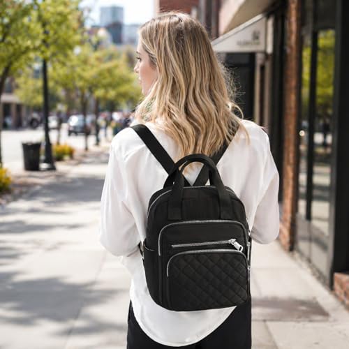 Small Backpack for Women Casual Quilted Square Bag Waterproof Multi Pockets Daypack Lightweight Top Handle Satchel - color: Black