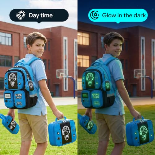 Boys Backpack, Luminous Gamer Backpack for Boys with Lunch Box,Pencil Case and Coin Puese,Kids Schoolbag Bookbag for Teen Boy Elementary Middle High School Travel (Black-Blue) - color: Black-blue