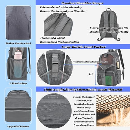 Metaverse Mesh Sports Backpack 20 Inch with Racket Holder for Men Women, Large Travel Gym Beach Backpack with Water Bottle Pockets - color: Grey