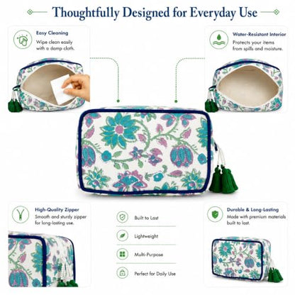 Huar Travel Makeup Bag- Large Capacity Cosmetic Bags for Women - color: White & Green Floral