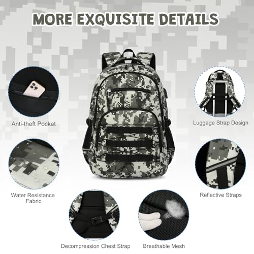 ACESAK Camo Backpack for Boys, Tactical Kids Backpack Boys, School Bags for Boy Children Teens Kids Elementary Middle High School, Military Bookbag and Lunch Bag Pencil Case Set with USB Charging Port - color: Camo Green
