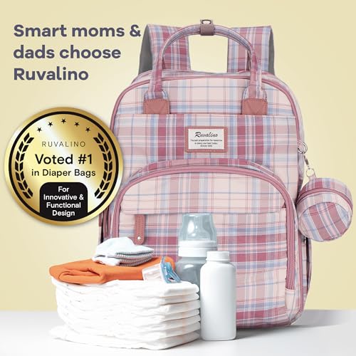 RUVALINO Diaper Bag Backpack, Multifunction Travel Pack Maternity Baby Changing Bags, Large Capacity, Waterproof, Pink Plaid - color: Pink Plaid