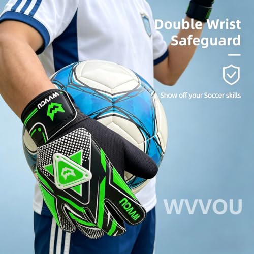 WVVOU Goalkeeper Gloves for Kids Youth, Soccer Goalie Gloves with Double Protection, Anti-Slip Soccer Gloves, Super Grip - color: Green, size: 6