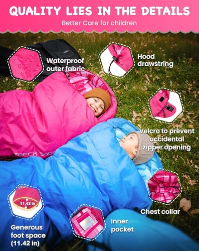 KingCamp 45°F Kids Sleeping Bag, Lightweight Waterproof & Compact Flannel Sleeping Bags Cold Weather & Warm Youth Essentials Gear Accessories for Camping, Fits 10-12 Children up to 4'7"-5'5" Tall - color: Mummy 8.6°F ~42.8°F Pink