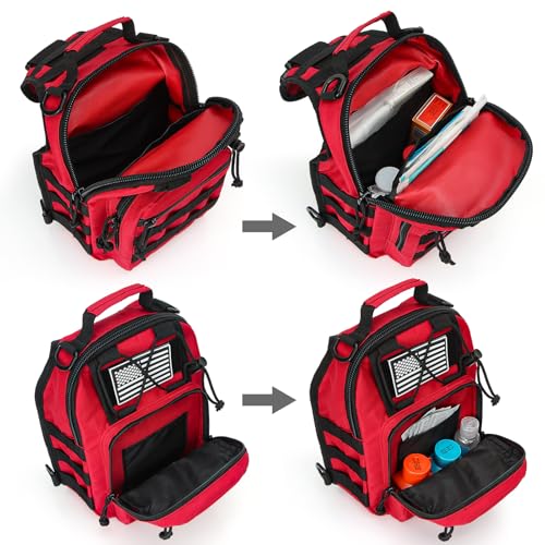 First Aid Sling Backpack - EMS Equipment Emergency Medical Supplies Tactical Range Shoulder Molle Bag - Heavy Duty Sports Outdoor Rescue Pack - Perfect for Camping Hiking Trekking - Red - color: Red