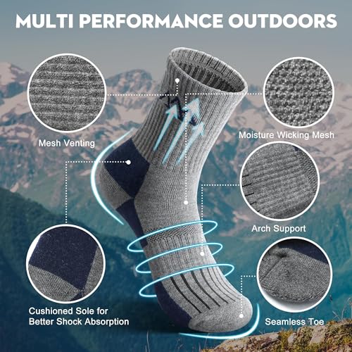 innotree Men's Merino Wool Hiking Socks 3 Pairs, Moisture Wicking Cushioned Breathable Crew Socks for Hiking Walking Trekking - color: Grey-brown,grey-white,black-red, size: Medium