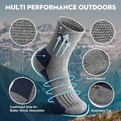 innotree Men's Merino Wool Hiking Socks 3 Pairs, Moisture Wicking Cushioned Breathable Crew Socks for Hiking Walking Trekking - color: Grey-brown,grey-white,black-red, size: Large