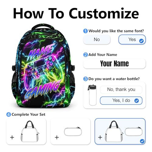 Boys Gaming Backpack Personalized School Backpacks for Kids Teens Game Lovers, 17 Inch Custom Game Controller Bookbags with 3 Compartments - color: Colorful