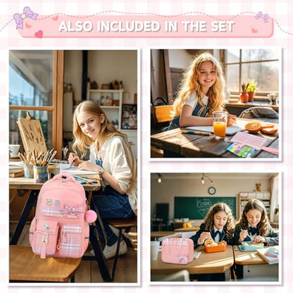 MOONBABY Girls Backpack, Kids Backpack for Girls School Bags with Lunch Bag & Pen Case, Bow Plaid Book Bag for Elementary Middle Primary High School College,Pink-3pcs - color: Pink Set