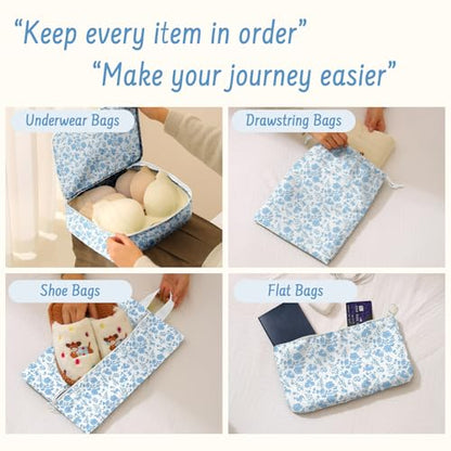 9 Set Packing Cubes for Travel Essentials - Lightweight Carry-On Luggage Organizer Bags with Shoe, Clothes & Laundry Bags for Airplane, Family & Business Travel, Blue flowers - color: Blue flowers