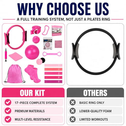 Pilates Kit for Women 17 Pieces – Premium Pilates Equipment Set with Magic Circle Ring, Yoga Ball, 5 Resistance Bands, Stretching Strap & More | Full Body Toning | Fitness Gift for Her