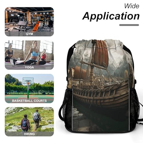 Drawstring Gym Backpack with Shoe Compartment And Wet Pocket, 28L Lightweight Waterproof Old Boat Sports Backpack for Workout Swim Beach Travel String Bag for Men Women