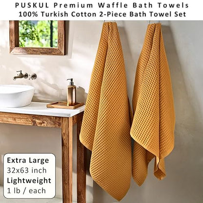 PÜSKÜL Natural 100% Turkish Cotton Waffle Bath Towels Set of 2-Piece | 32x63 Extra Large Absorbent Quick-Dry Lightweight Spa Towel | Luxury Sauna Accessories (Mustard Yellow Bath Towels - Pack of 2) - color: Mustrad Yellow
