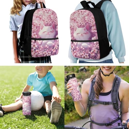 ZOUTAIRONG School Bags for Girls 7-10/10-12/12-17, Insulated Water Bottle for Hot & Cold Drinks, Cherry Blossom Cat Design Casual Backpack with Side Pockets - color: Cherry Blossom Cat