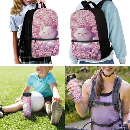 ZOUTAIRONG School Bags for Girls 7-10/10-12/12-17, Insulated Water Bottle for Hot & Cold Drinks, Cherry Blossom Cat Design Casual Backpack with Side Pockets - color: Cherry Blossom Cat