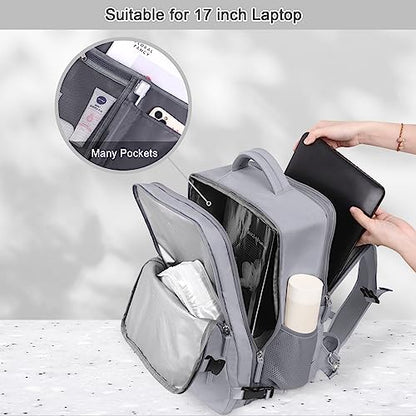 Sinaliy Travel Backpack for Women & Men, 40L Carry-On, 17-Inch Laptop, Waterproof, College Bookbag, Flight Approved - color: Grey