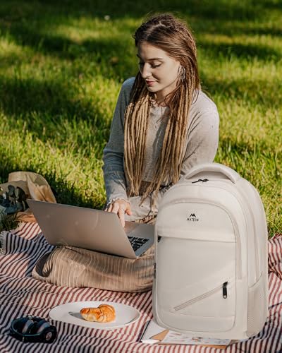 MATEIN Laptop Backpack Women Large Capacity, TSA Travel Backpack with Luggage Strap & Anti Theft Pocket, Water Resistant Teacher College Bookbag Fits 17 Inch Computer, Stylish Beige Work Daypack - color: Beige, size: 17 Inch