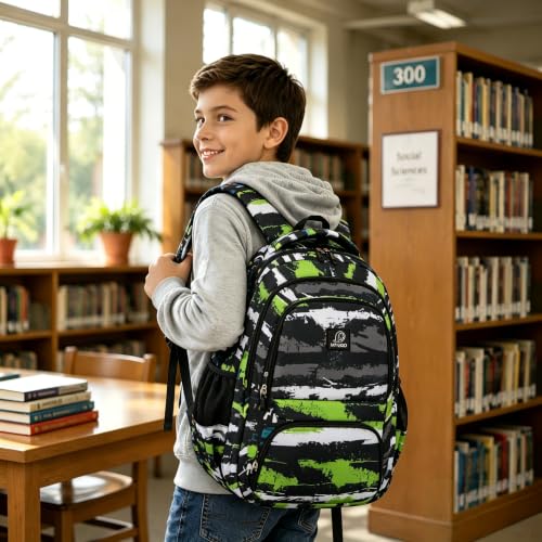 MYGOO Boys School Backpack Euclid Urban Green Bookbag for Elementary Middle School Ages 5-12, 17 inch Large Capacity 24L Kids Student Travel Bags - color: Euclid Urban Green