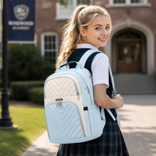 Big Student Backpack College Women Middle High School Teen Girls Bookbag | Cute Daypack,Water Resistant - color: Beige & Lightblue, size: 15.6 Inch
