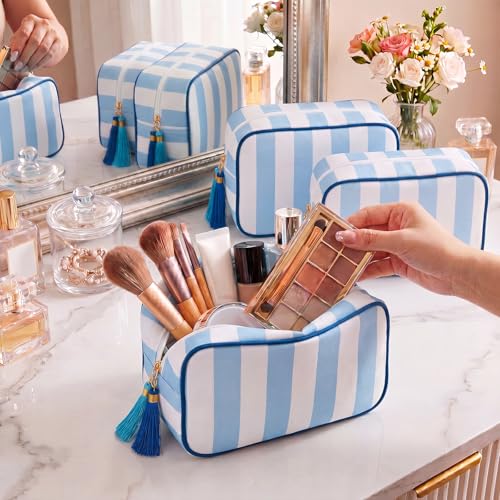 Kacctyen 6 Pack Baby Blue and White Striped Makeup Bag bulk with Tassel Travel Cosmetic Pouch Organizer Large Zipper Toiletry Case for Women Aesthetic Storage Pouch Mahjong Tile Bag - color: Baby Blue and White