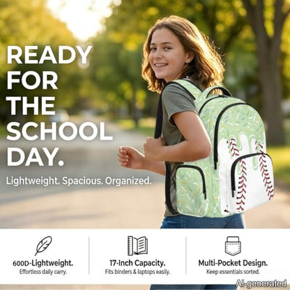 Suobstales Green Baseball Ice Cream Drip Print Kids School Backpack Heavy Duty Schoolbag Travel Casual Daypack Teens Boys Girls Back to School Gifts 17 Inch Bookbag Middle School Students Rucksack - color: Green Baseball Ice Cream Drip