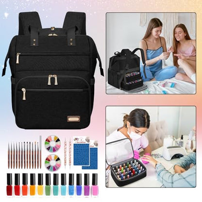 LTINVECK Nail Polish Organizer Case Backpack Holds 70 Bottles (15ml/0.5fl.oz)& Nail Lamp, 2 Layers Detachable Nail Kit Storage Case, Large Travel Nail Supplies Shoulder Bag for Manicure Tools (black) - color: Black