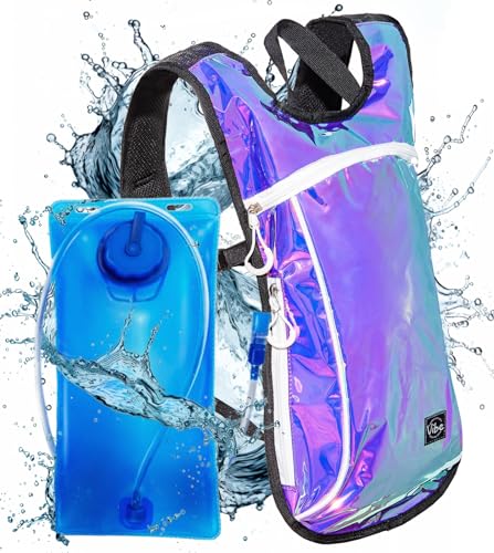 Vibe Festival Gear Rave Hydration Pack Backpack with 2L Water Bladder for Women Men – Festival Hydropack, Hydro Pack, Leak Proof, Lightweight – Teens, Party, Hiking, Running, Outdoor Sports - color: Purple Holographic Iridescent