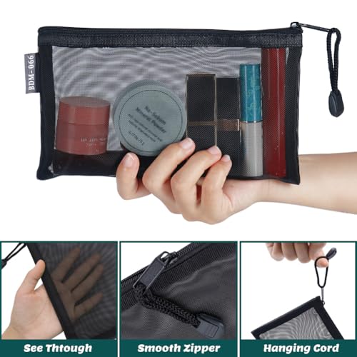 Small Mesh Cosmetic Bags, 6pcs Nylon Makeup Pouches with Zipper for Home Office Purse Diaper Bag (Black) - color: Black