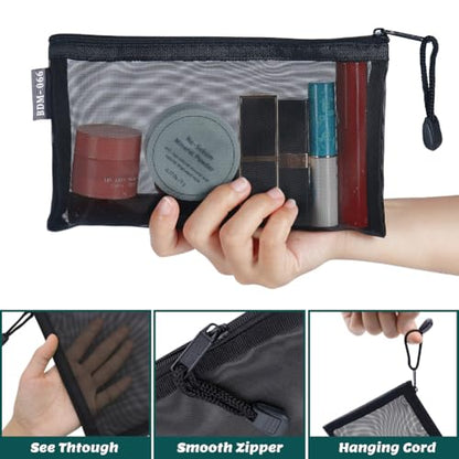 Small Mesh Cosmetic Bags, 6pcs Nylon Makeup Pouches with Zipper for Home Office Purse Diaper Bag (Black) - color: Black