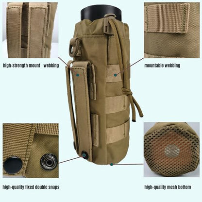 Tactical MOLLE Water Bottle Holder, Upgraded Water Bottle Pouch with Drawstring Open Top & Mesh Bottom, 16/24/25/32oz Water Bottle Carrier Bag with D-Ring Hook for Backpack - color: Brown