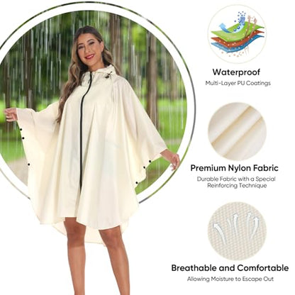 PTEROMY Hooded Rain Poncho for Adult with Pocket and Zipper, Waterproof Lightweight Raincoat for Men and Women - color: Beige