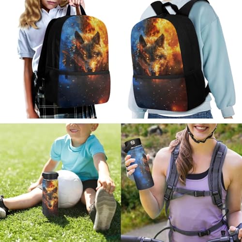 ZOUTAIRONG Flaming Wolf Print Backpack and Small Water Bottle, Large Capacity School Bags Lightweight Bookbag with Side Pockets for Small Thermos - color: Flaming Wolf