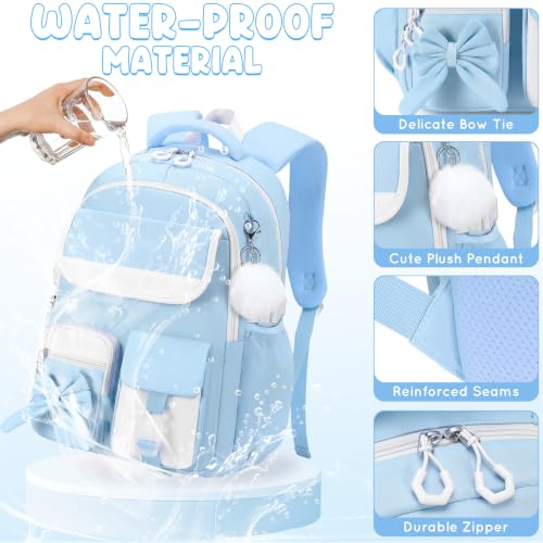 Kids Backpack for Girls, 3PCS School Backpack Set with Insulated Lunch Box & Pencil Case, Waterproof Lightweight Bookbag for Elementary & Middle School, Cute Bow Travel Daypack Blue-Beige - color: Blue-beige