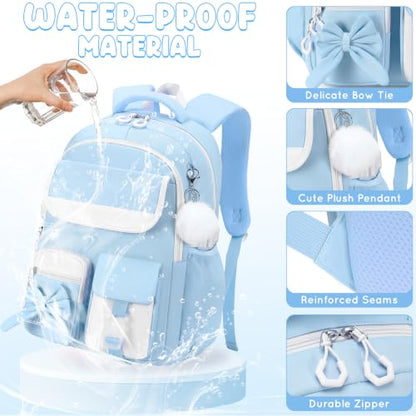 Kids Backpack for Girls, 3PCS School Backpack Set with Insulated Lunch Box & Pencil Case, Waterproof Lightweight Bookbag for Elementary & Middle School, Cute Bow Travel Daypack Blue-Beige - color: Blue-beige