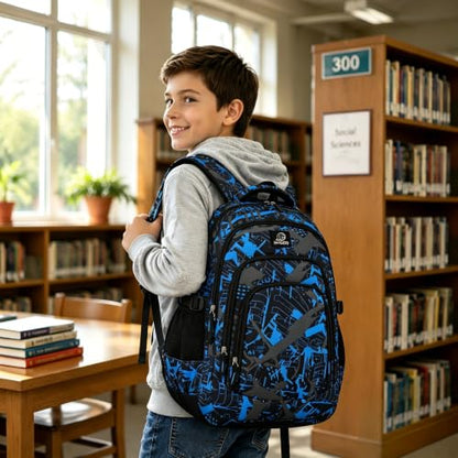 MYGOO Boys School Backpack Archibald Camo Blue Bookbag for Elementary Middle School Ages 5-12, 17 inch Large Capacity 24L Kids Student Travel Bags - color: Archibald Camo Blue