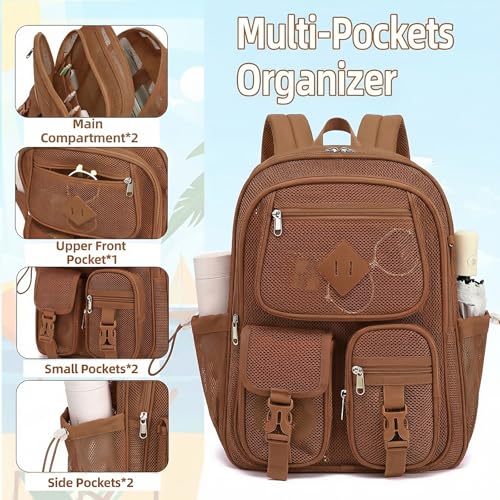 Mesh Backpack for Girls Boys, Women Mesh Bookbags Heavy Duty Semi-Transparent School Bag Net Back Pack for Travel, Beach, Swimming, Work - Coffee - color: Coffee